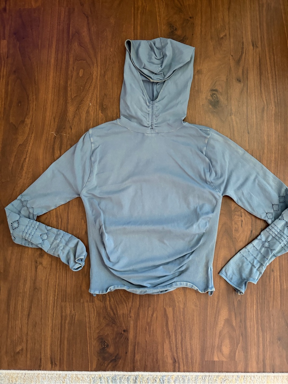 FP Movement by Free People Dusty Blue Hooded Lace-Sleeve Top